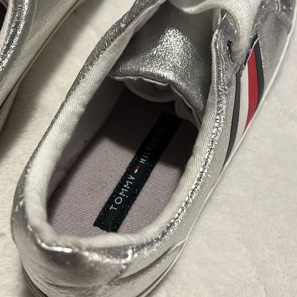 Tommy Hilfiger Silver Metallic Sneakers with Red, White & Navy Stripe